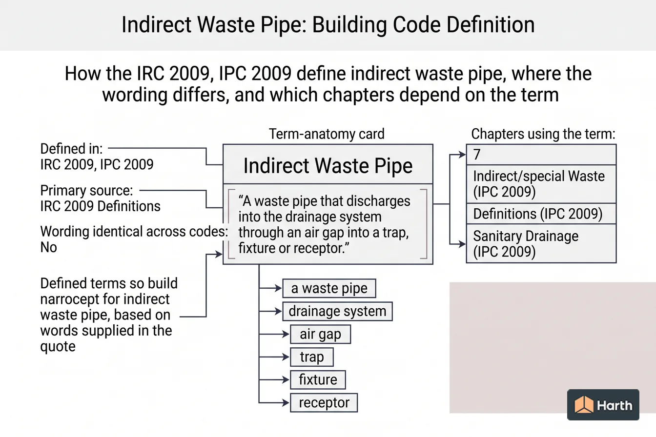Labeled code-term definition diagram: Indirect Waste Pipe: Building Code Definition