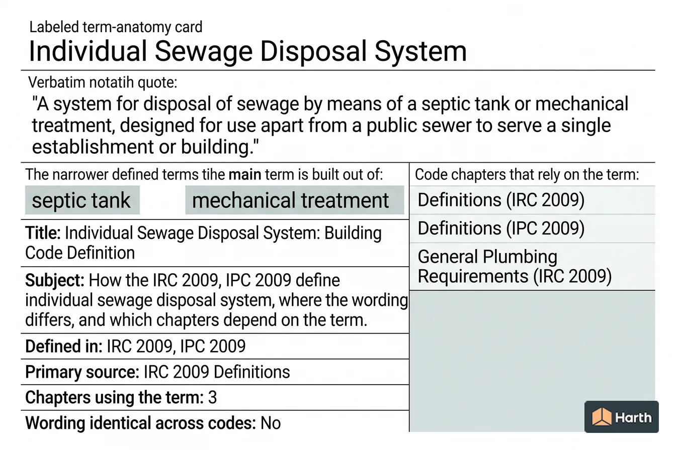 Labeled code-term definition diagram: Individual Sewage Disposal System: Building Code Definition