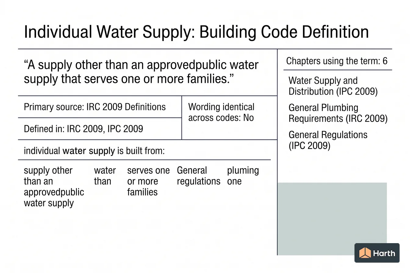 Labeled code-term definition diagram: Individual Water Supply: Building Code Definition