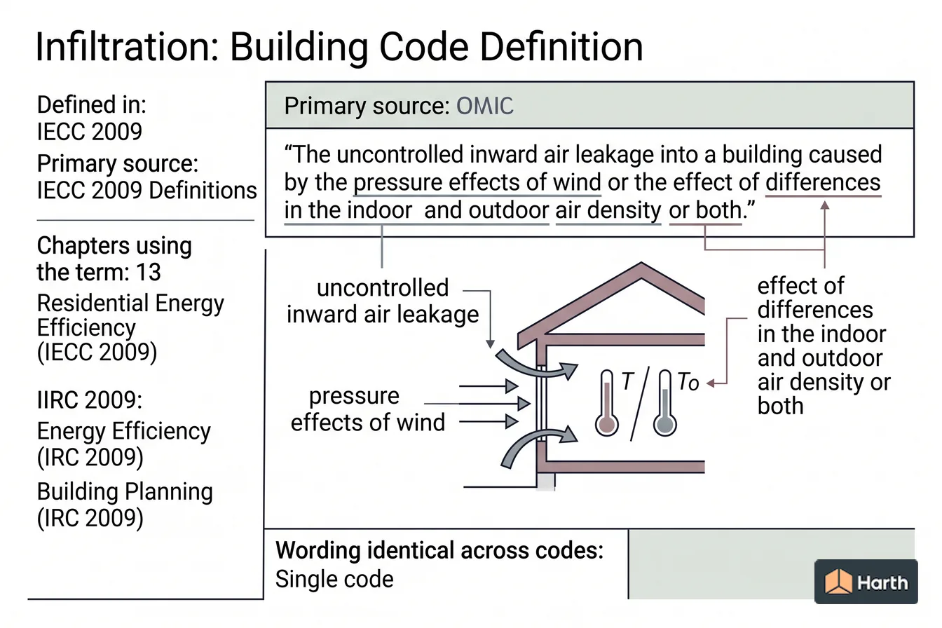 Labeled code-term definition diagram: Infiltration: Building Code Definition