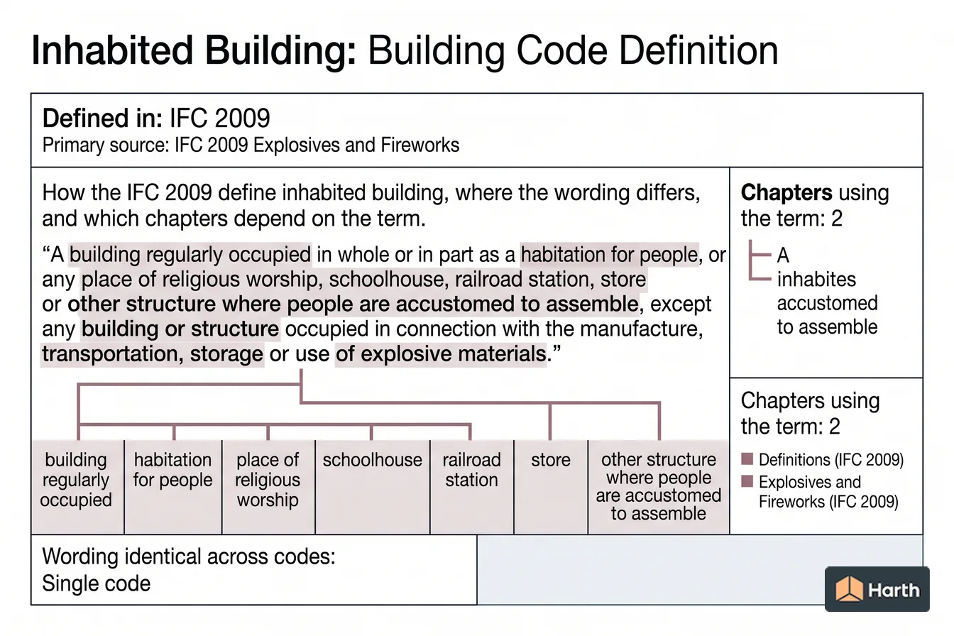 Labeled code-term definition diagram: Inhabited Building: Building Code Definition
