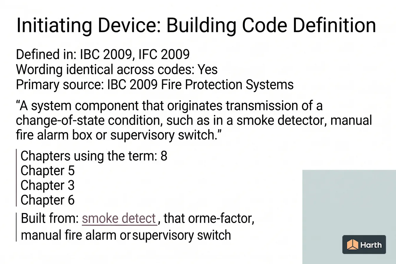 Labeled code-term definition diagram: Initiating Device: Building Code Definition