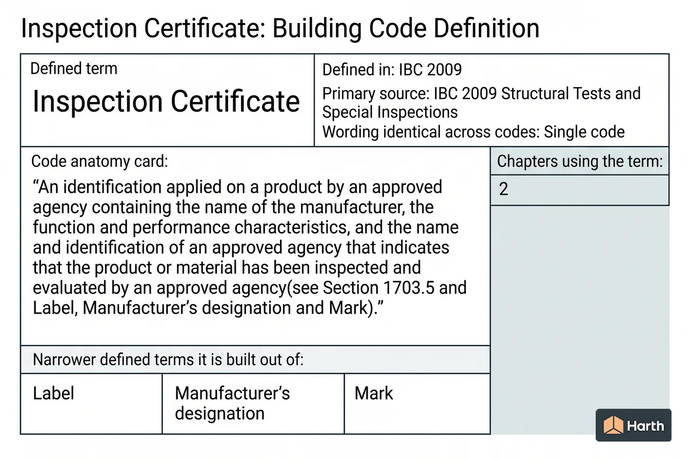 Labeled code-term definition diagram: Inspection Certificate: Building Code Definition