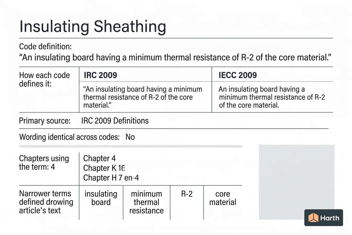 Labeled code-term definition diagram: Insulating Sheathing: Building Code Definition