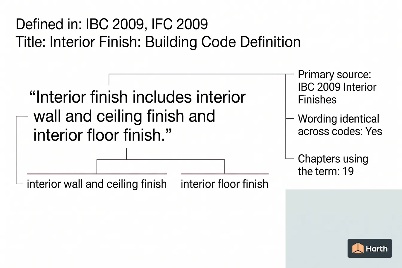 Labeled code-term definition diagram: Interior Finish: Building Code Definition