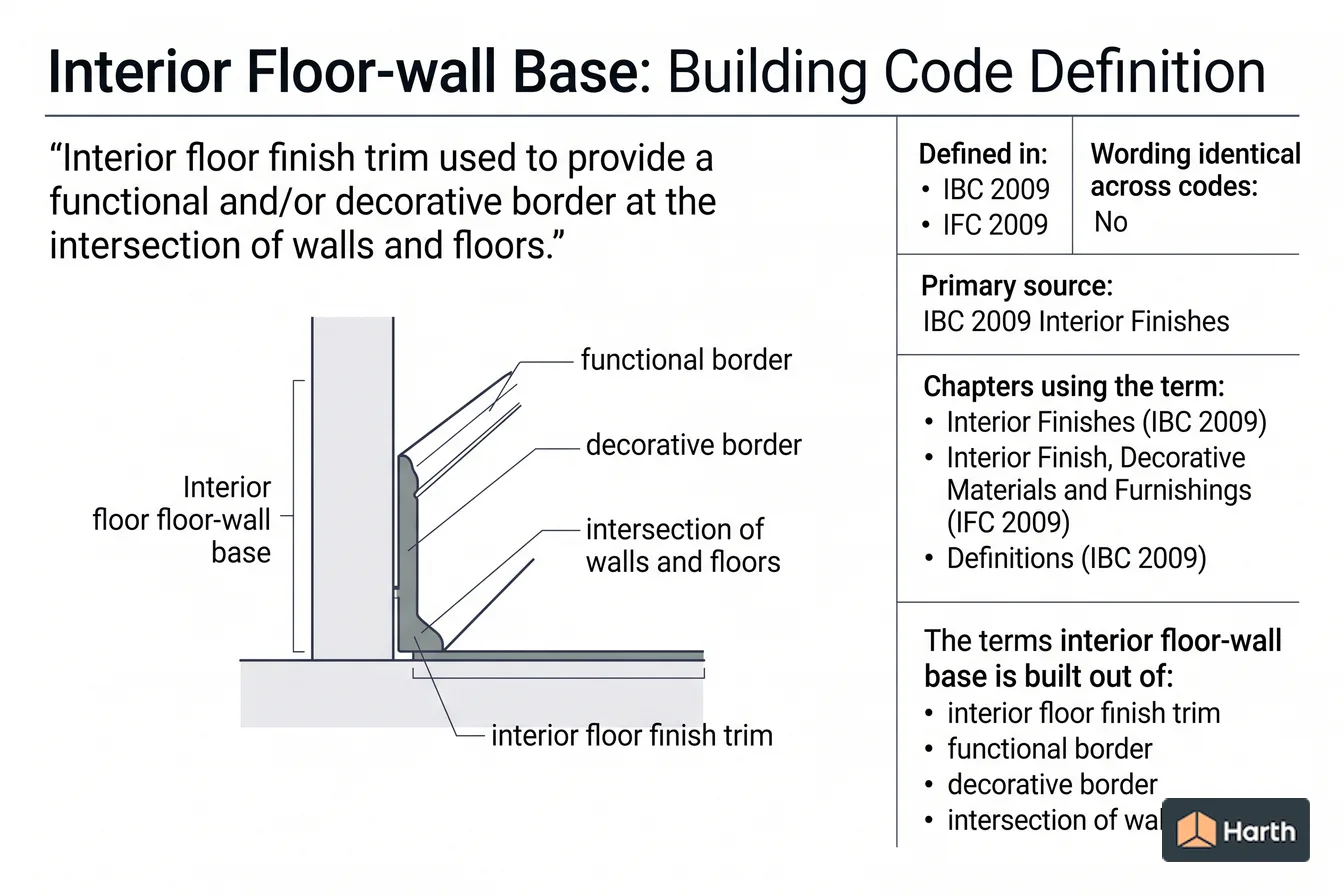 Labeled code-term definition diagram: Interior Floor-wall Base: Building Code Definition
