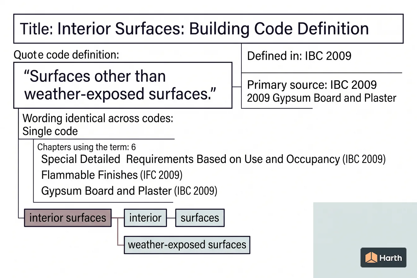 Labeled code-term definition diagram: Interior Surfaces: Building Code Definition