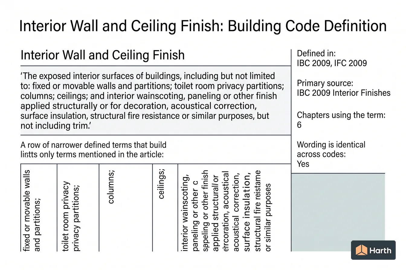 Labeled code-term definition diagram: Interior Wall and Ceiling Finish: Building Code Definition