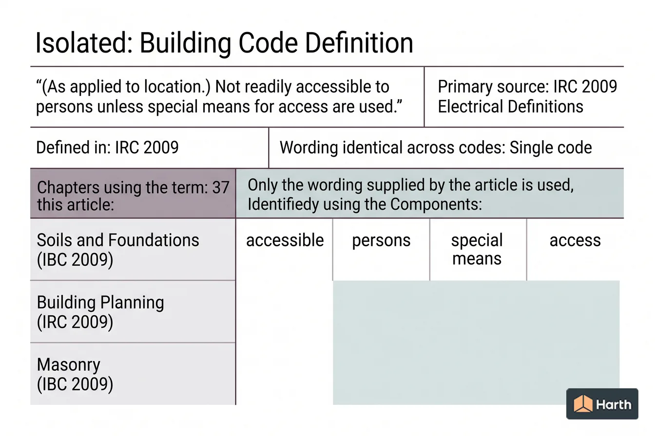 Labeled code-term definition diagram: Isolated: Building Code Definition