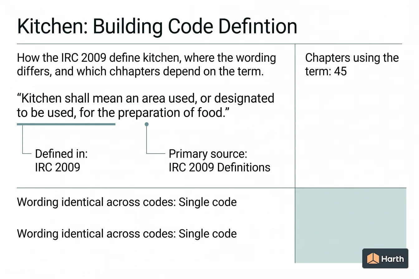 Labeled code-term definition diagram: Kitchen: Building Code Definition