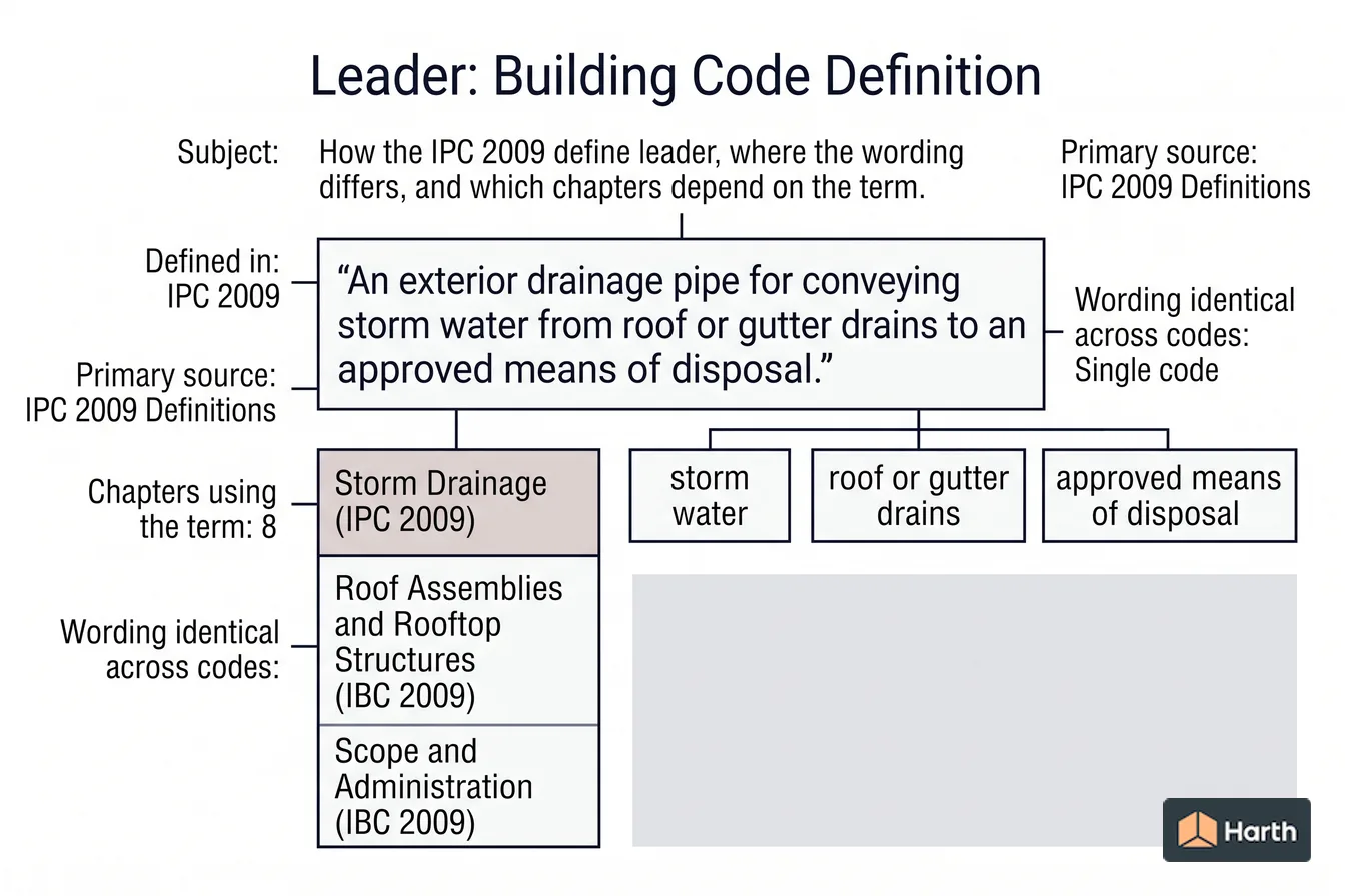 Labeled code-term definition diagram: Leader: Building Code Definition
