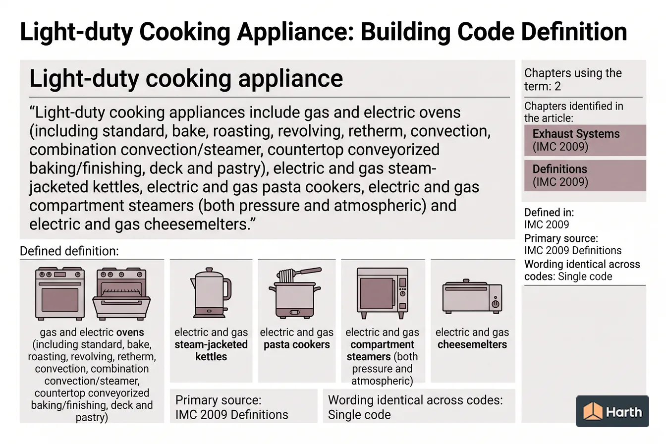 Labeled code-term definition diagram: Light-duty Cooking Appliance: Building Code Definition