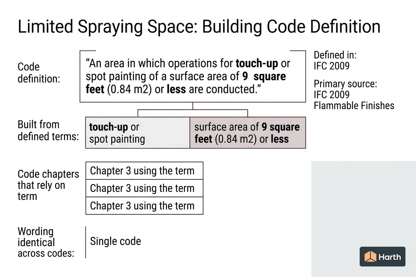 Labeled code-term definition diagram: Limited Spraying Space: Building Code Definition