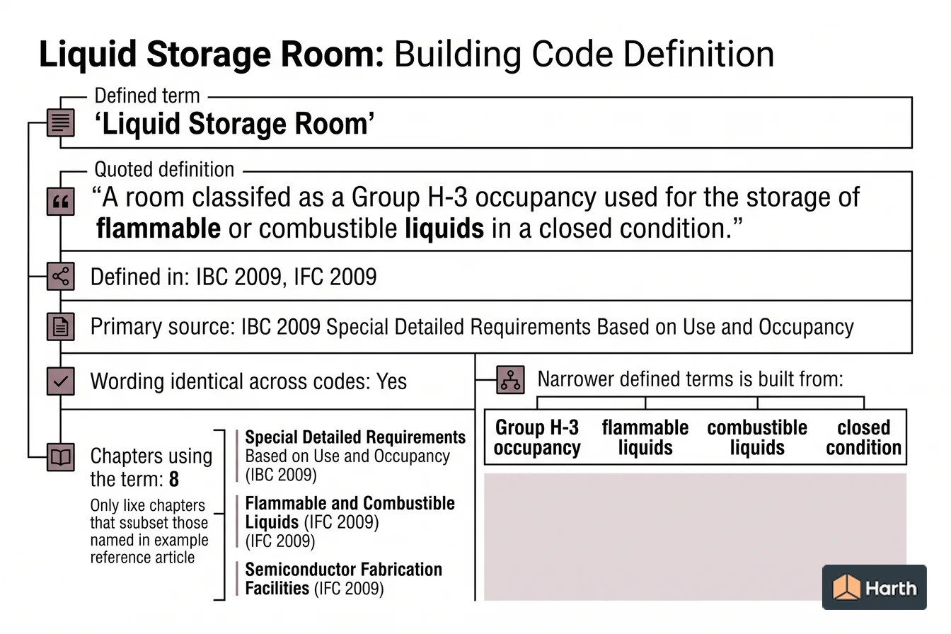 Labeled code-term definition diagram: Liquid Storage Room: Building Code Definition