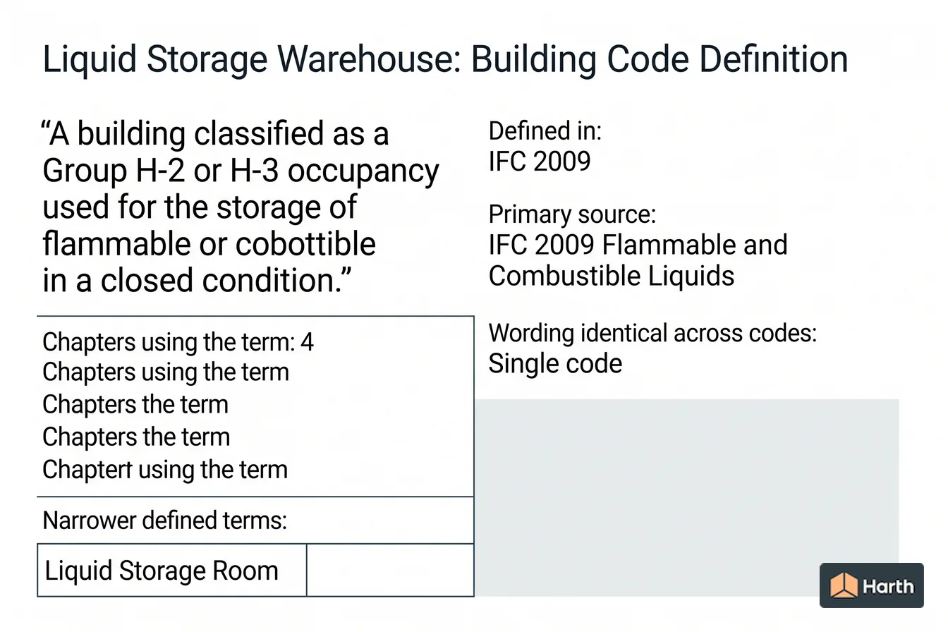 Labeled code-term definition diagram: Liquid Storage Warehouse: Building Code Definition