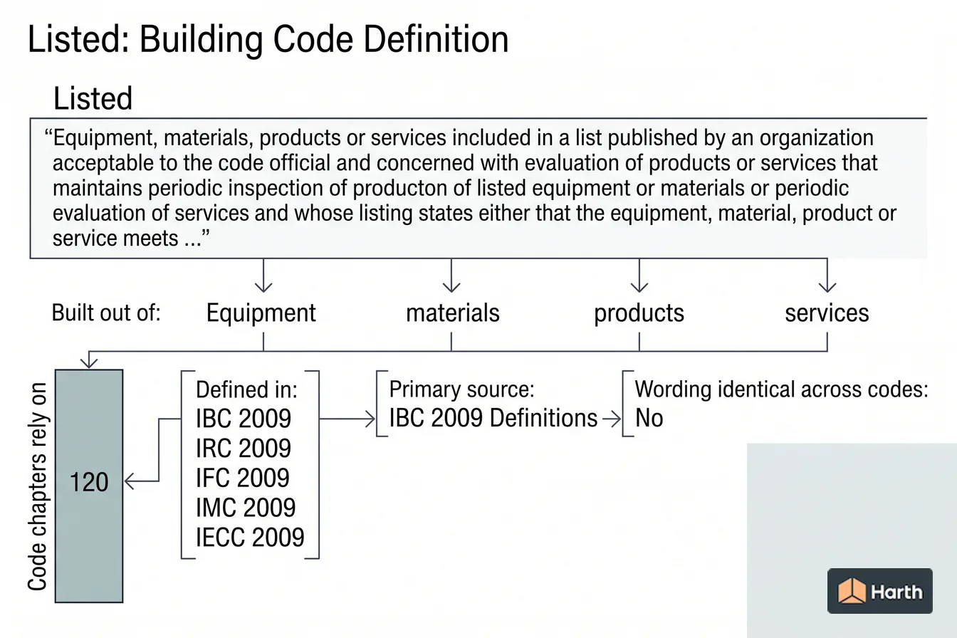 Labeled code-term definition diagram: Listed: Building Code Definition