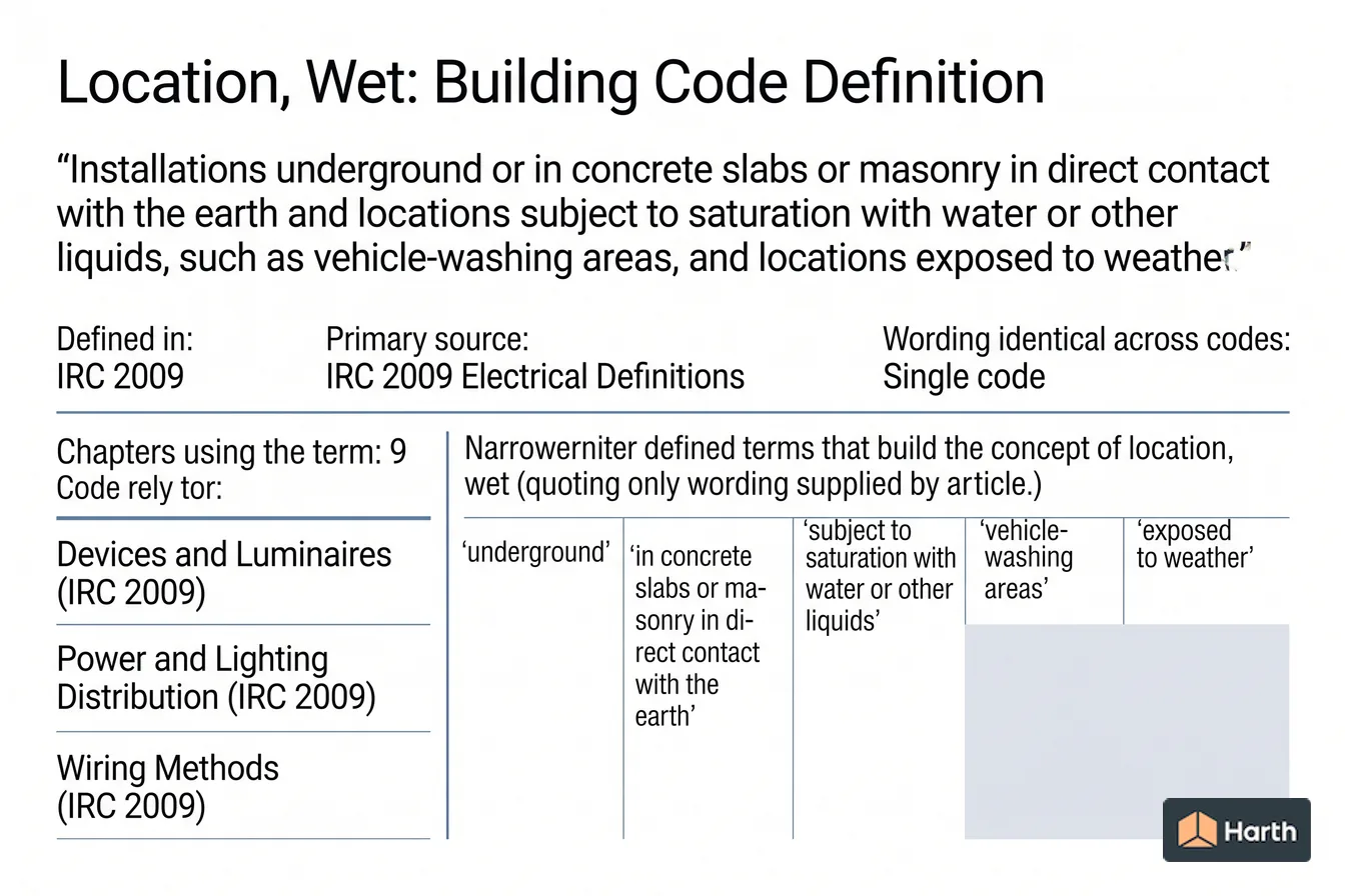 Labeled code-term definition diagram: Location, Wet: Building Code Definition