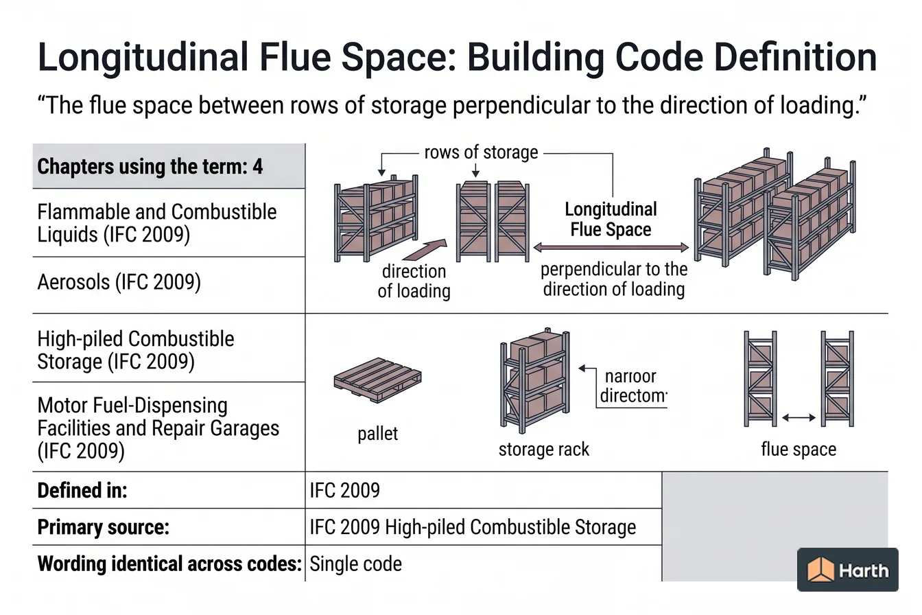 Labeled code-term definition diagram: Longitudinal Flue Space: Building Code Definition