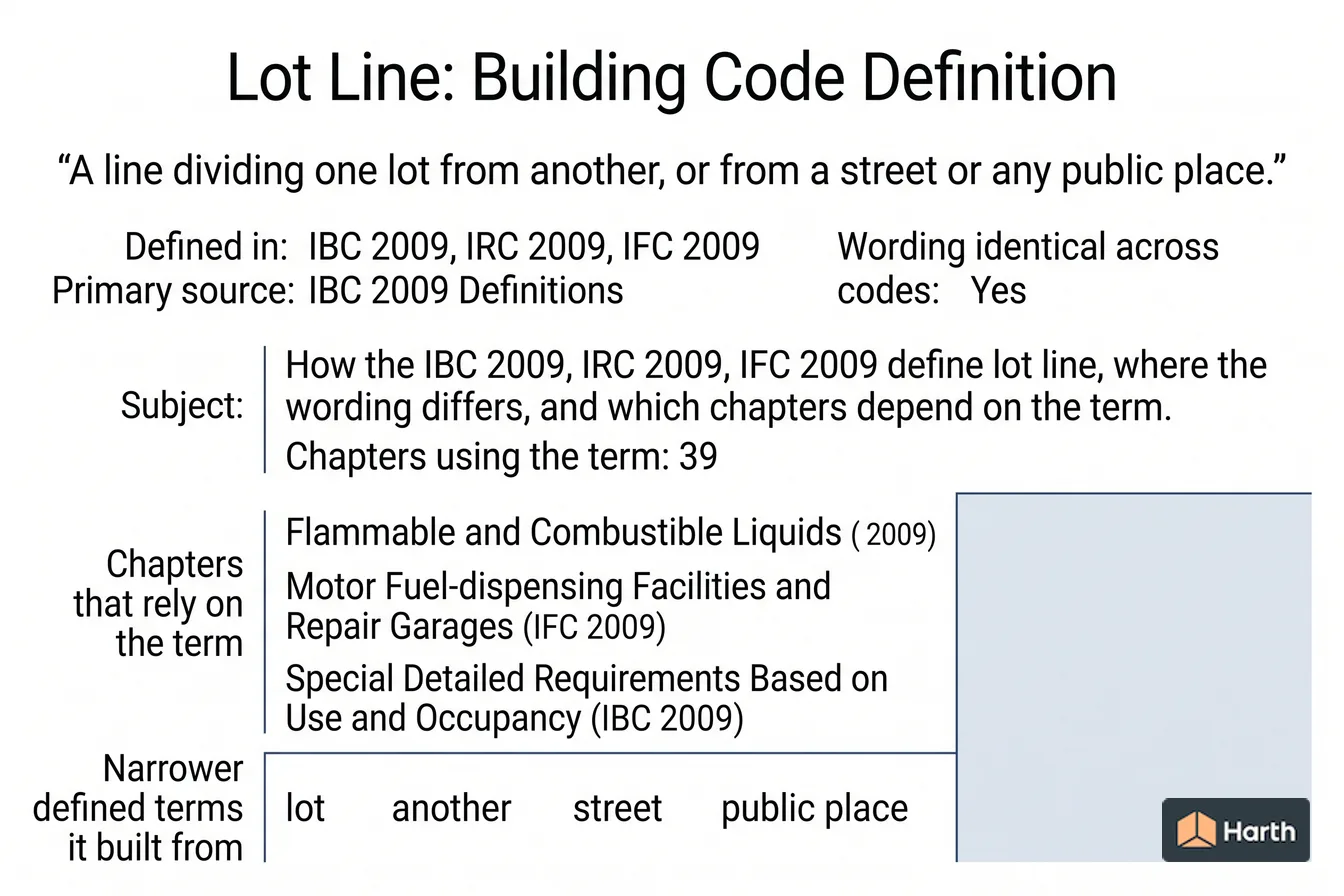 Labeled code-term definition diagram: Lot Line: Building Code Definition