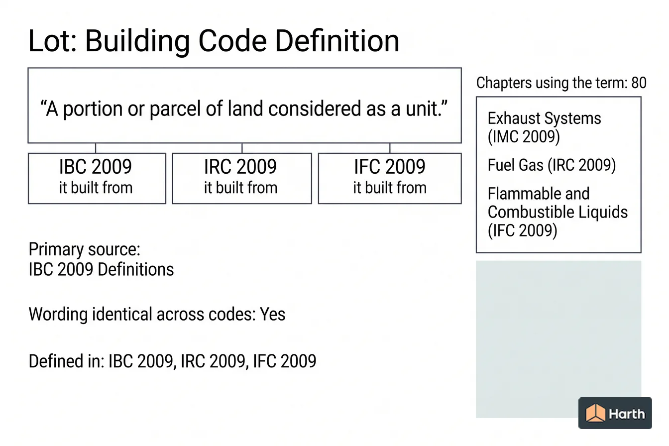 Labeled code-term definition diagram: Lot: Building Code Definition