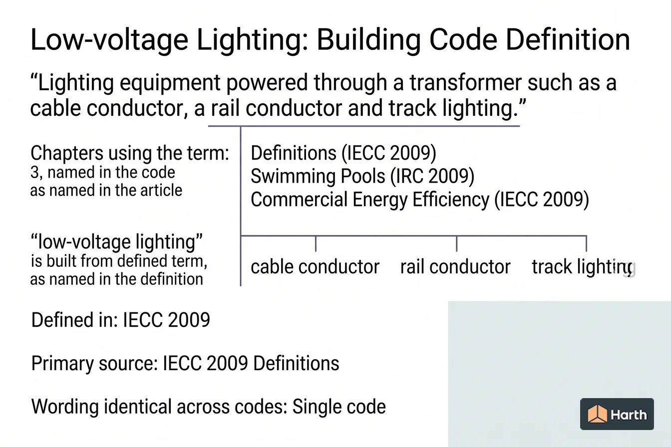 Labeled code-term definition diagram: Low-voltage Lighting: Building Code Definition
