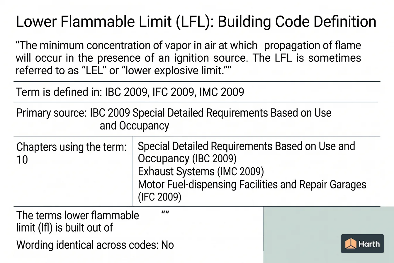 Labeled code-term definition diagram: Lower Flammable Limit (LFL): Building Code Definition