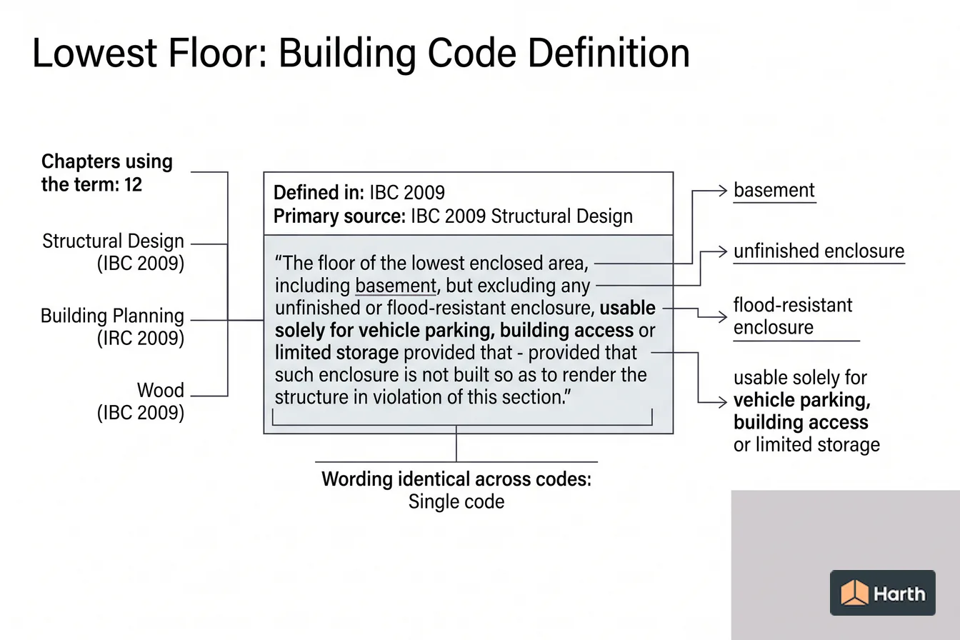 Labeled code-term definition diagram: Lowest Floor: Building Code Definition