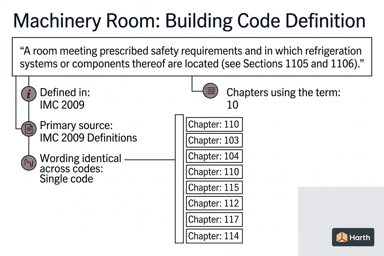 Labeled code-term definition diagram: Machinery Room: Building Code Definition