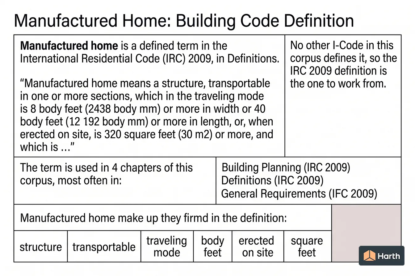 Labeled code-term definition diagram: Manufactured Home: Building Code Definition