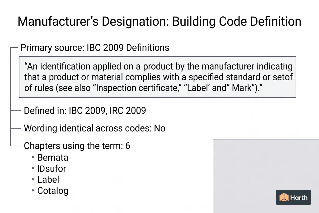 Labeled code-term definition diagram: Manufacturer's Designation: Building Code Definition