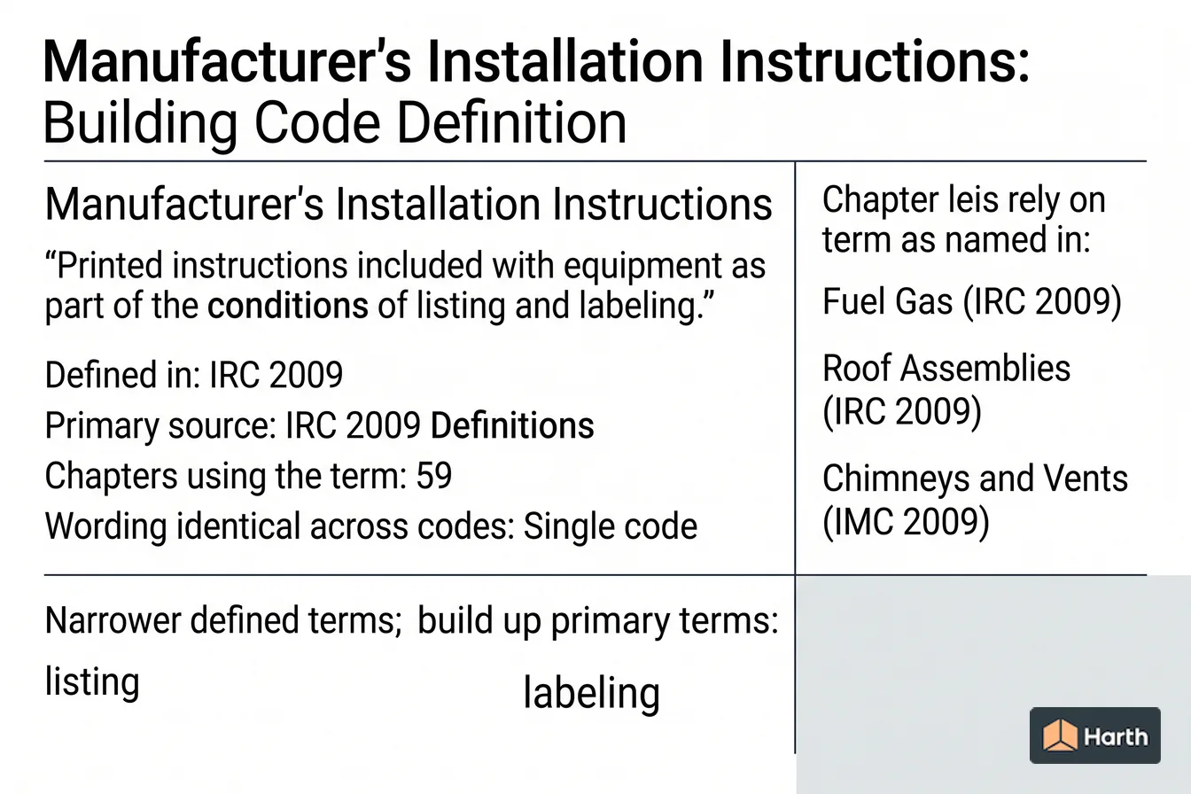 Labeled code-term definition diagram: Manufacturer's Installation Instructions: Building Code Definition