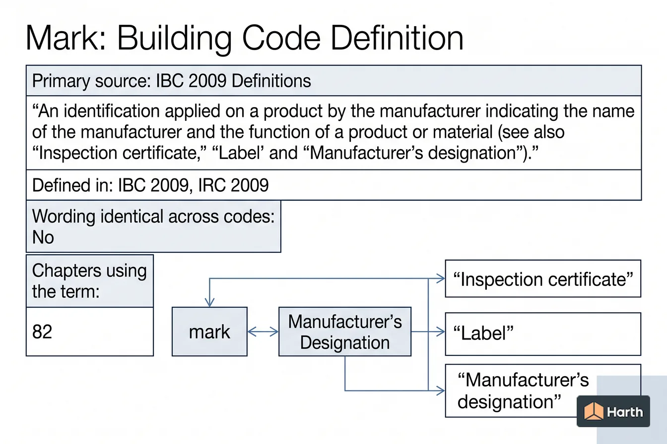 Labeled code-term definition diagram: Mark: Building Code Definition