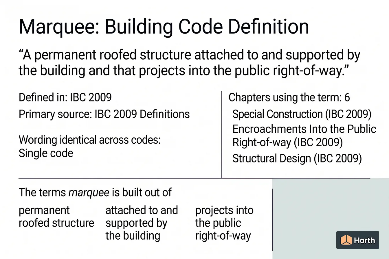 Labeled code-term definition diagram: Marquee: Building Code Definition