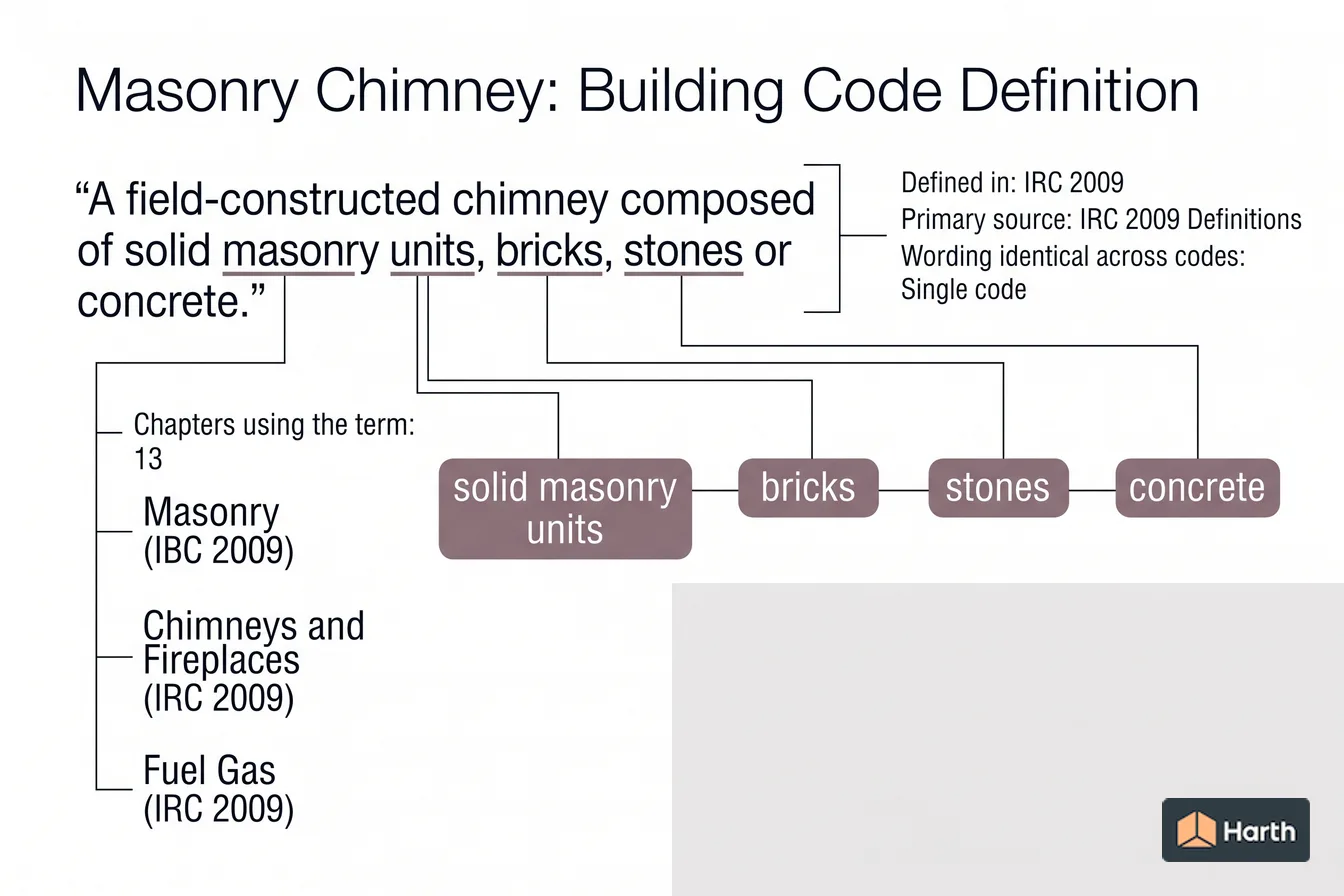 Labeled code-term definition diagram: Masonry Chimney: Building Code Definition