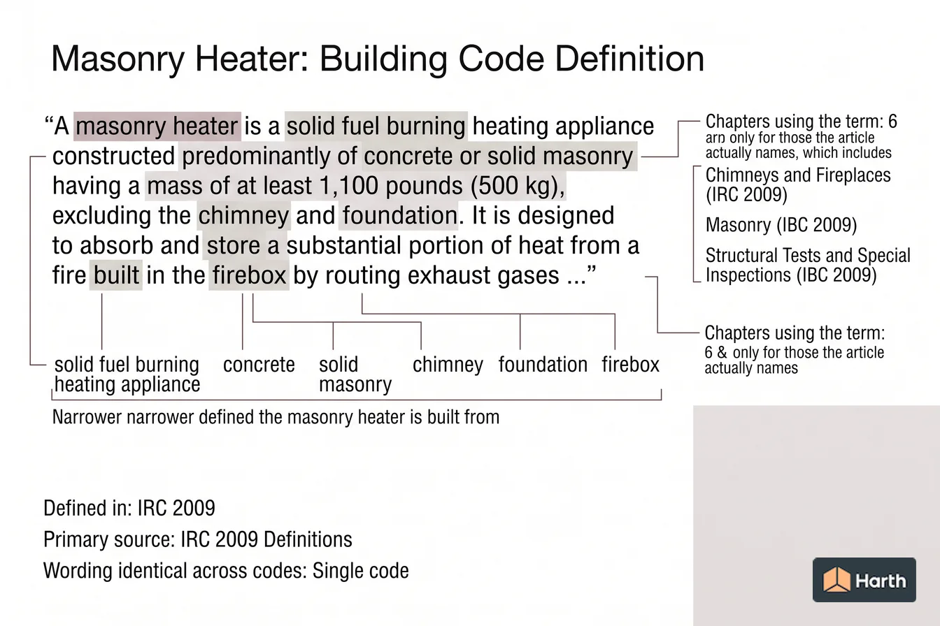 Labeled code-term definition diagram: Masonry Heater: Building Code Definition