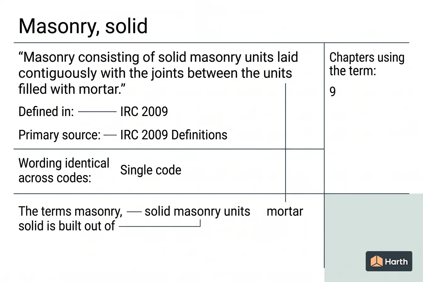 Labeled code-term definition diagram: Masonry, Solid: Building Code Definition