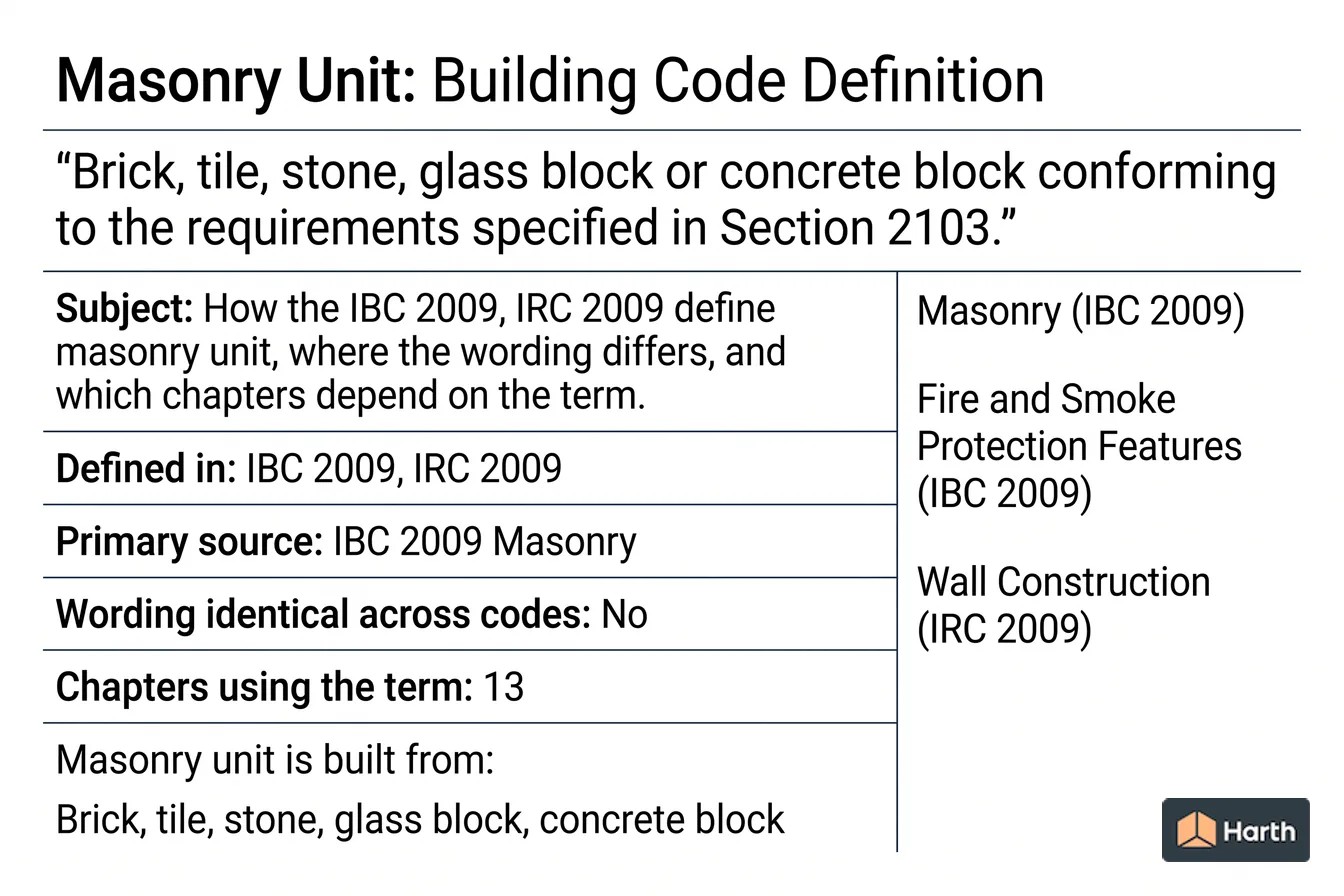 Labeled code-term definition diagram: Masonry Unit: Building Code Definition