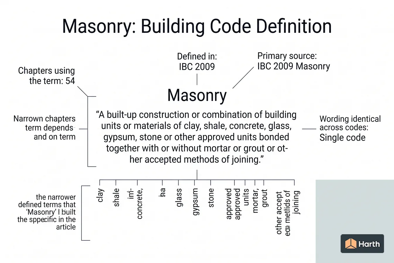 Labeled code-term definition diagram: Masonry: Building Code Definition