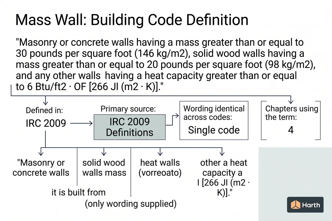 Labeled code-term definition diagram: Mass Wall: Building Code Definition