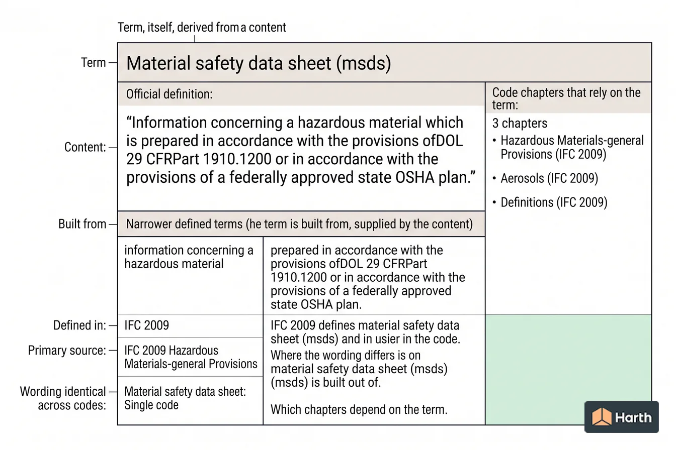 Labeled code-term definition diagram: Material Safety Data Sheet (MSDS): Building Code Definition