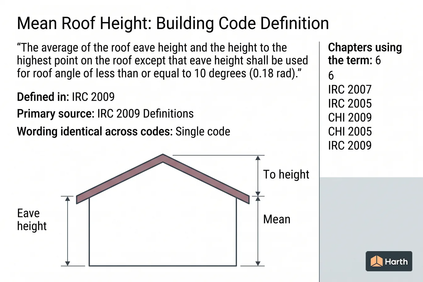 Labeled code-term definition diagram: Mean Roof Height: Building Code Definition
