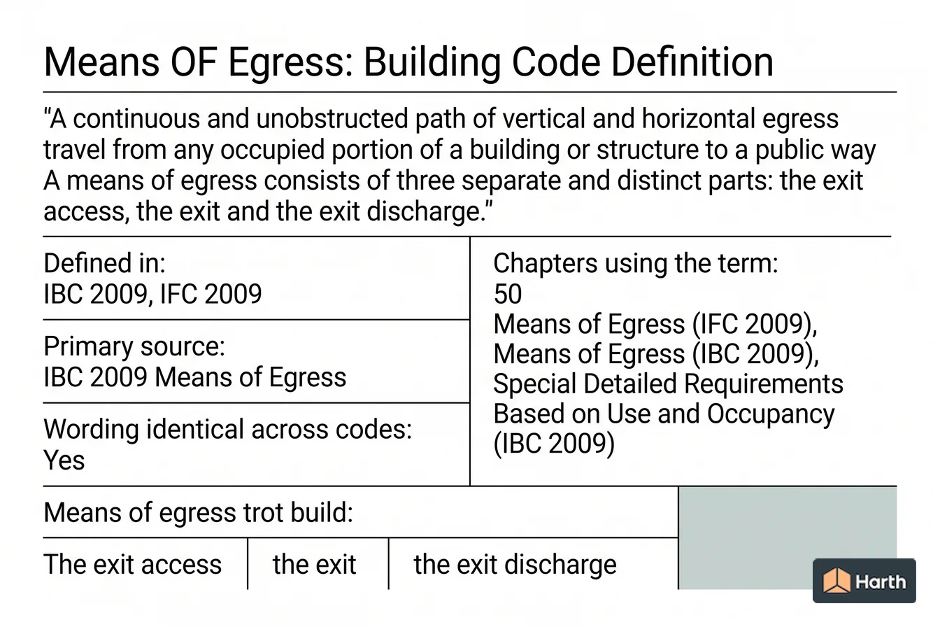 Labeled code-term definition diagram: Means OF Egress: Building Code Definition