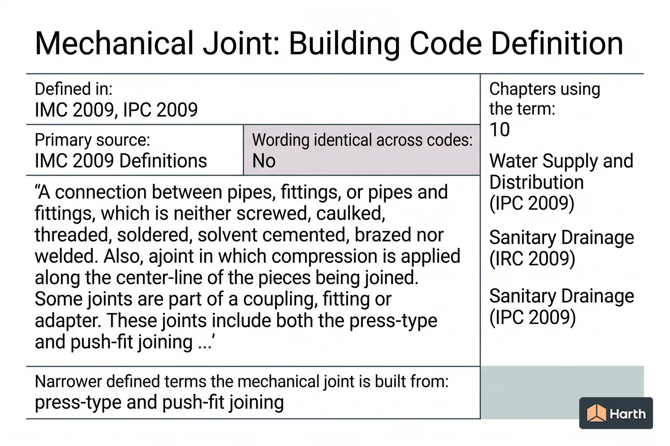 Labeled code-term definition diagram: Mechanical Joint: Building Code Definition