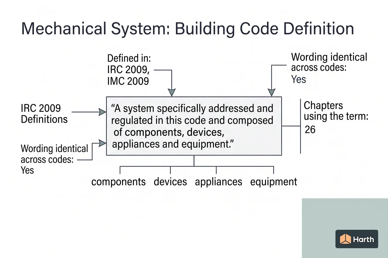 Labeled code-term definition diagram: Mechanical System: Building Code Definition