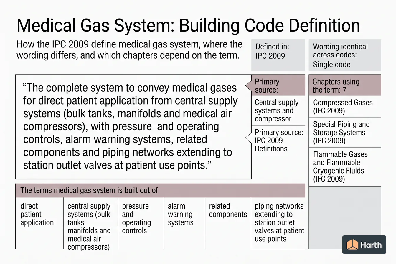 Labeled code-term definition diagram: Medical Gas System: Building Code Definition