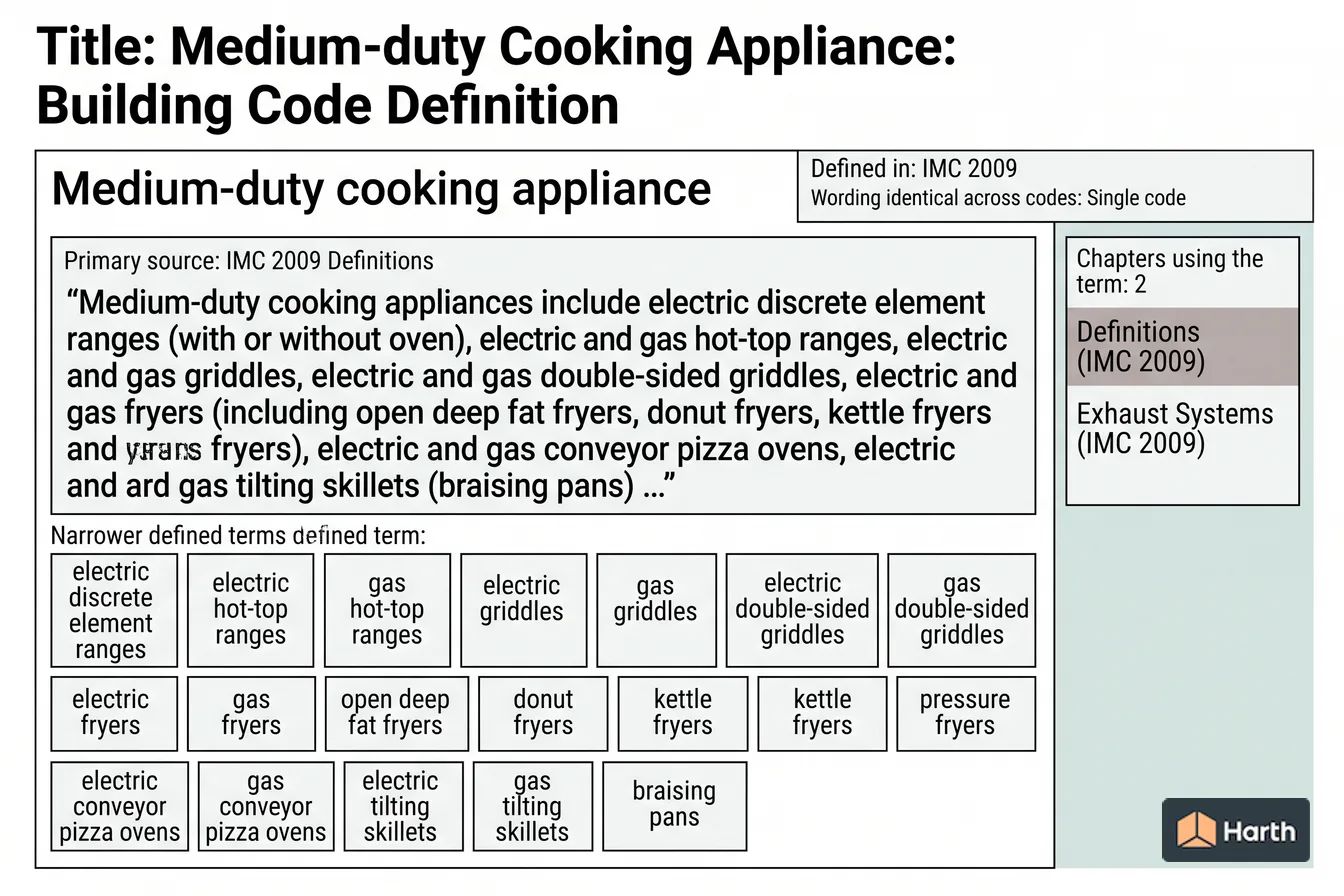 Labeled code-term definition diagram: Medium-duty Cooking Appliance: Building Code Definition