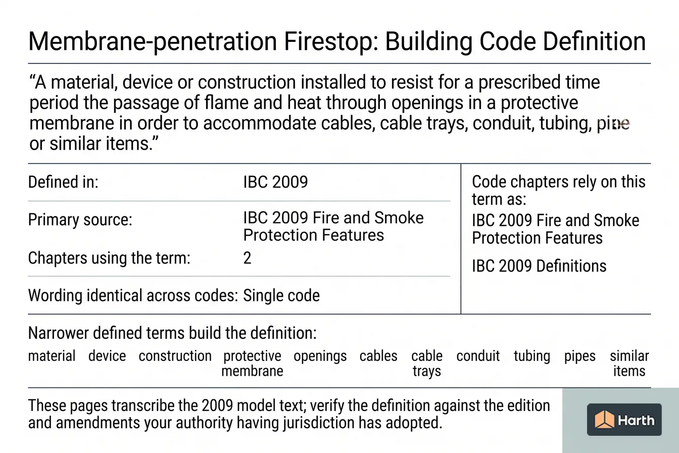 Labeled code-term definition diagram: Membrane-penetration Firestop: Building Code Definition