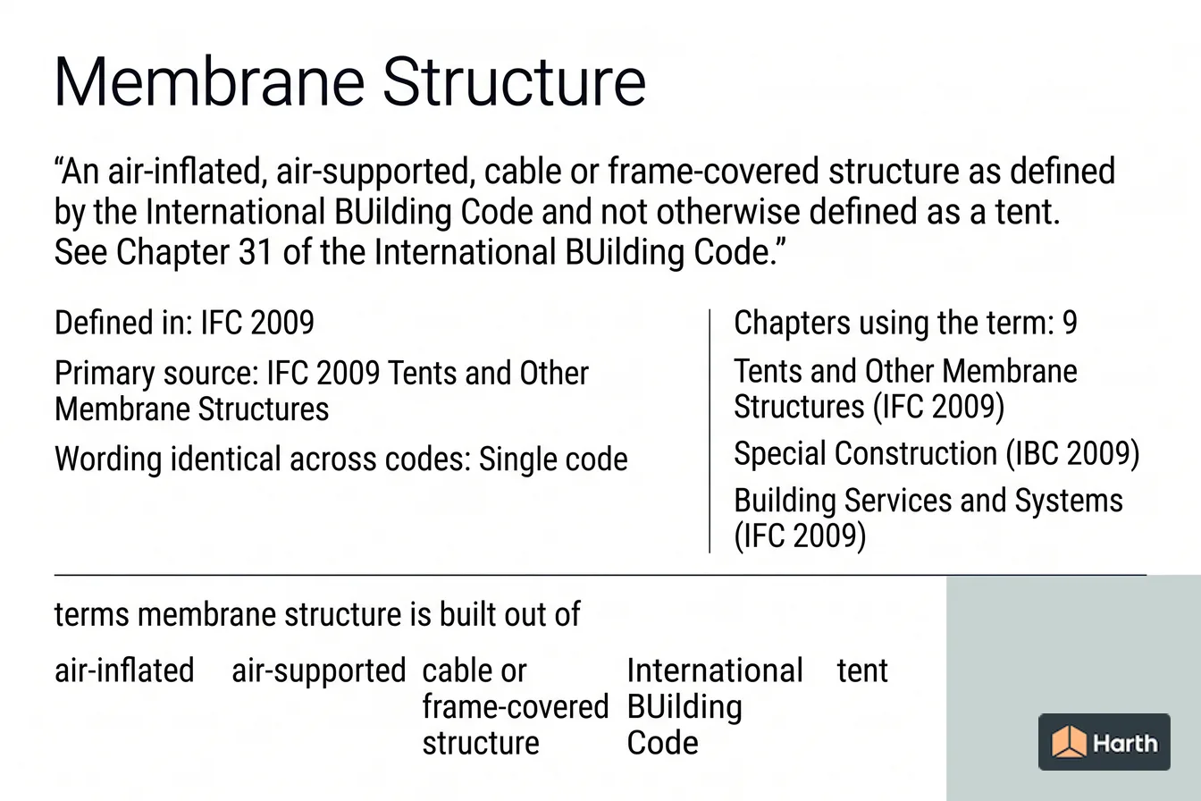 Labeled code-term definition diagram: Membrane Structure: Building Code Definition