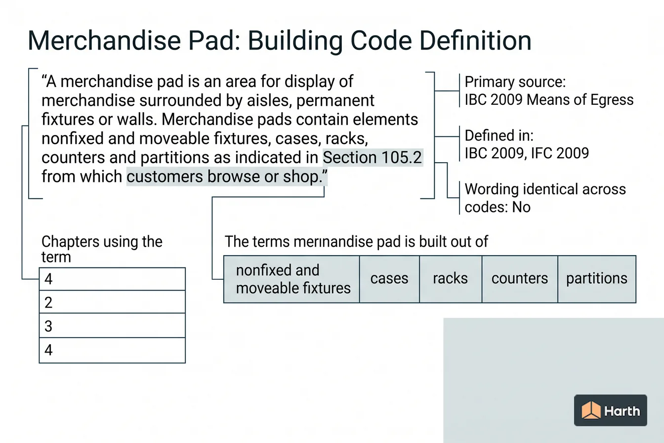 Labeled code-term definition diagram: Merchandise Pad: Building Code Definition