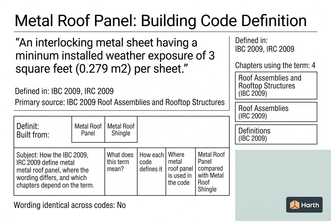 Labeled code-term definition diagram: Metal Roof Panel: Building Code Definition